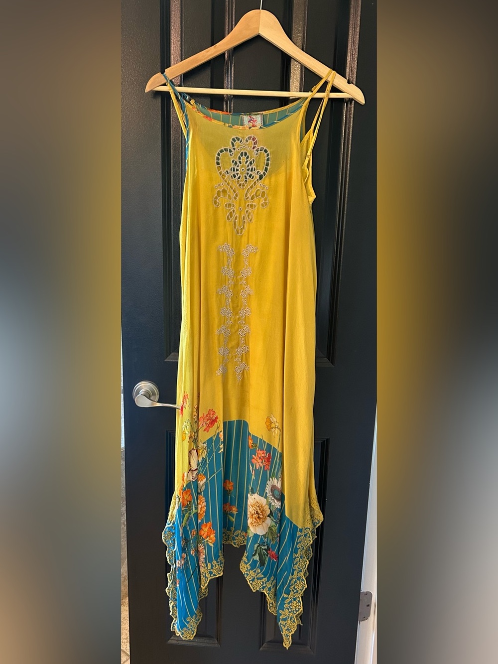 Johnny Was Yellow and Teal Floral Asymmetrical Slip Dress